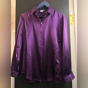 100% Silk Button Down Blouse Purple Long Sleeve Size 6 by ishyu Quiet Luxury